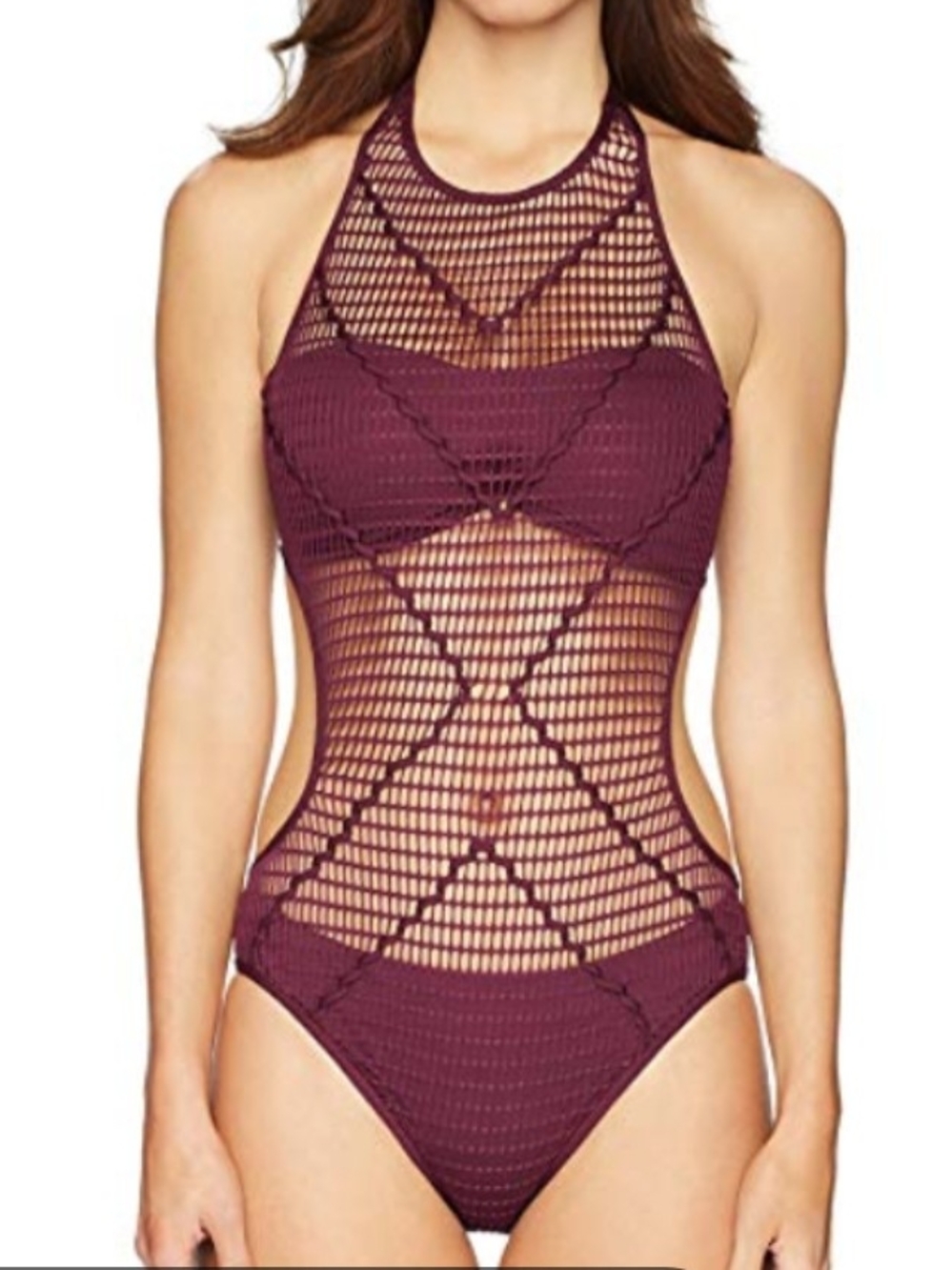 Kenneth Cole New York Burgundy Crochet High-Neck One-Piece Swimsuit SzM